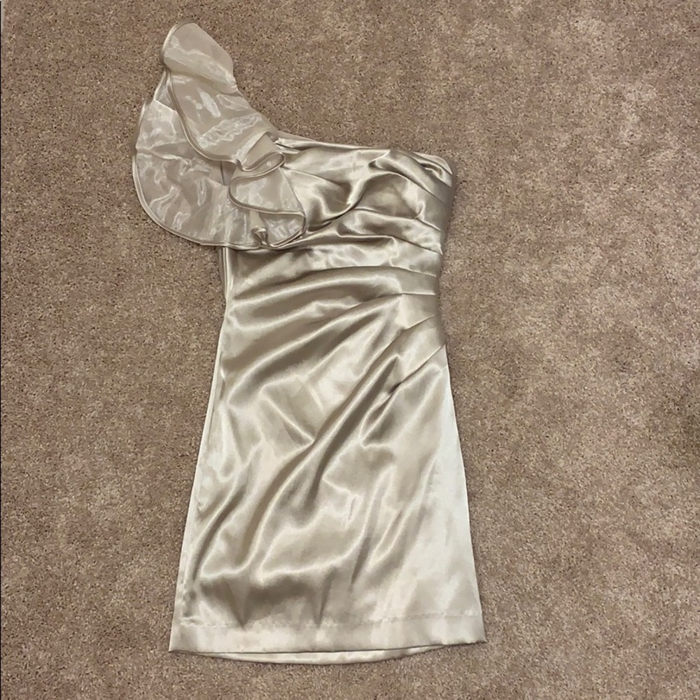 Champagne colored one shoulder dress